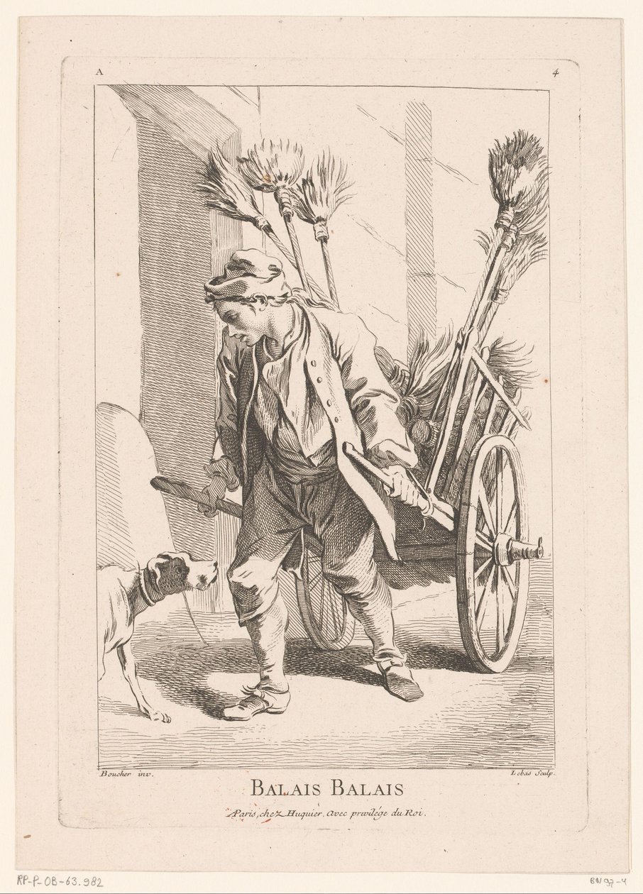Süpürge ile sokak satıcısı Balais Balais (nesne üzerindeki başlık) Cris de Paris (dizi adı) Paris Sokak Satıcıları (dizi başlığı) by Jacques Philippe Le Bas