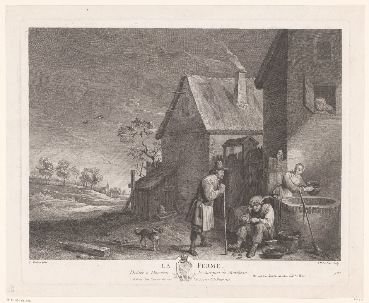 Bir çiftlikte kuyunun önünde iki erkek ve bir kadın La Ferme (nesne üzerindeki başlık) by Jacques Philippe Le Bas
