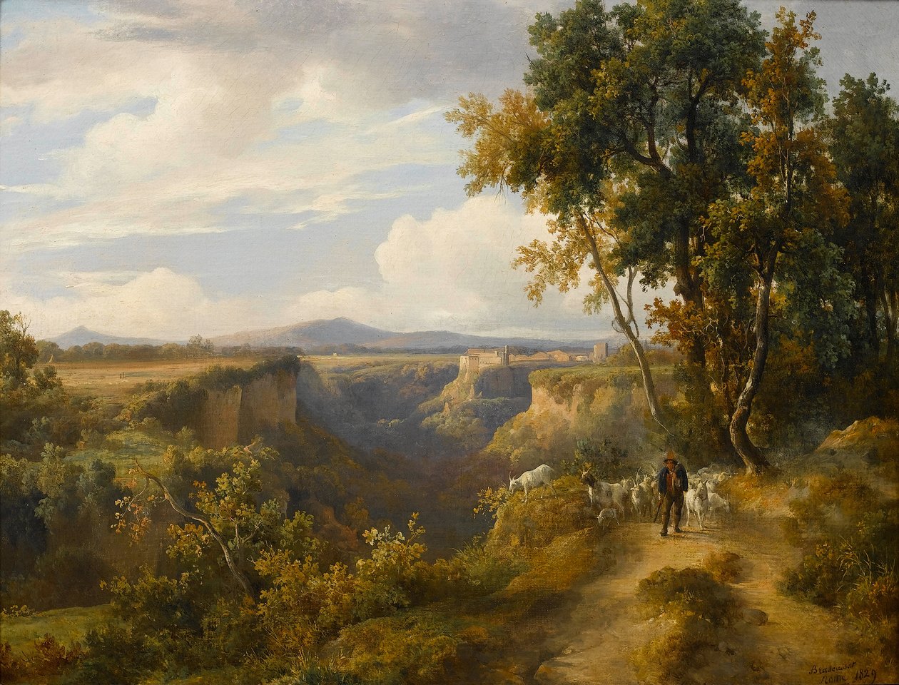 İtalyan tarzı bir manzara içinde bir çoban ve sürüsü, muhtemelen Faleria by Jacques Raymond Brascassat