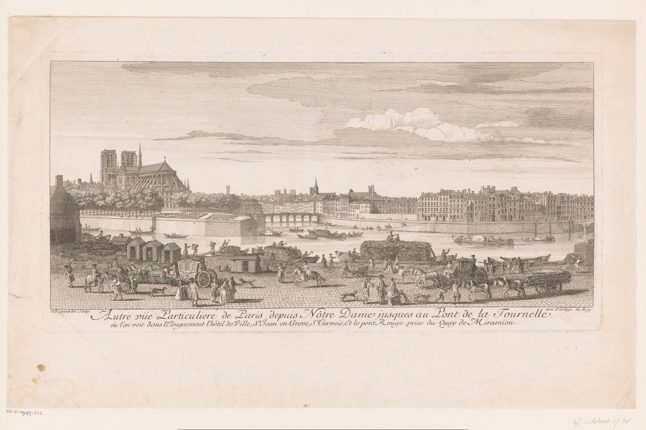 Gezicht op Parijs van de Notre Dame tot de Pont de la Tournelle Notre-Dame'den Pont de la Tournelle'ye Paris manzarası (...) Quai de Miramion'dan alınmıştır (nesne üzerindeki başlık) by Jacques Rigaud