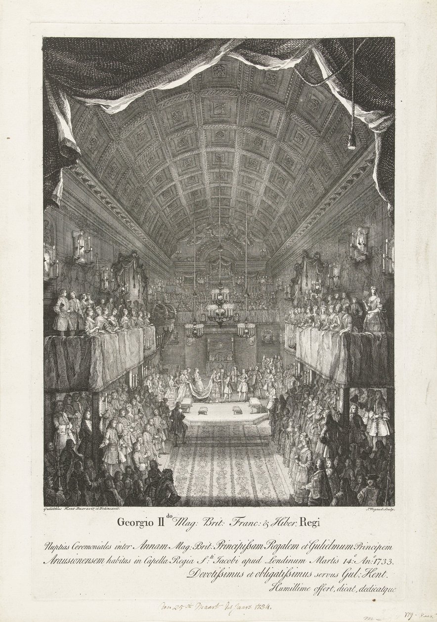 Howelijk van Willem IV, prensesler Anna ile tanıştı, 1734 George IIdo Mag: Brit: Frank: & Hiber. Anne (...) ve William (...) arasında 14 Salı günü Tören Düğünü: Ano: 1733 (...) (nesnedeki başlık) by Jacques Rigaud