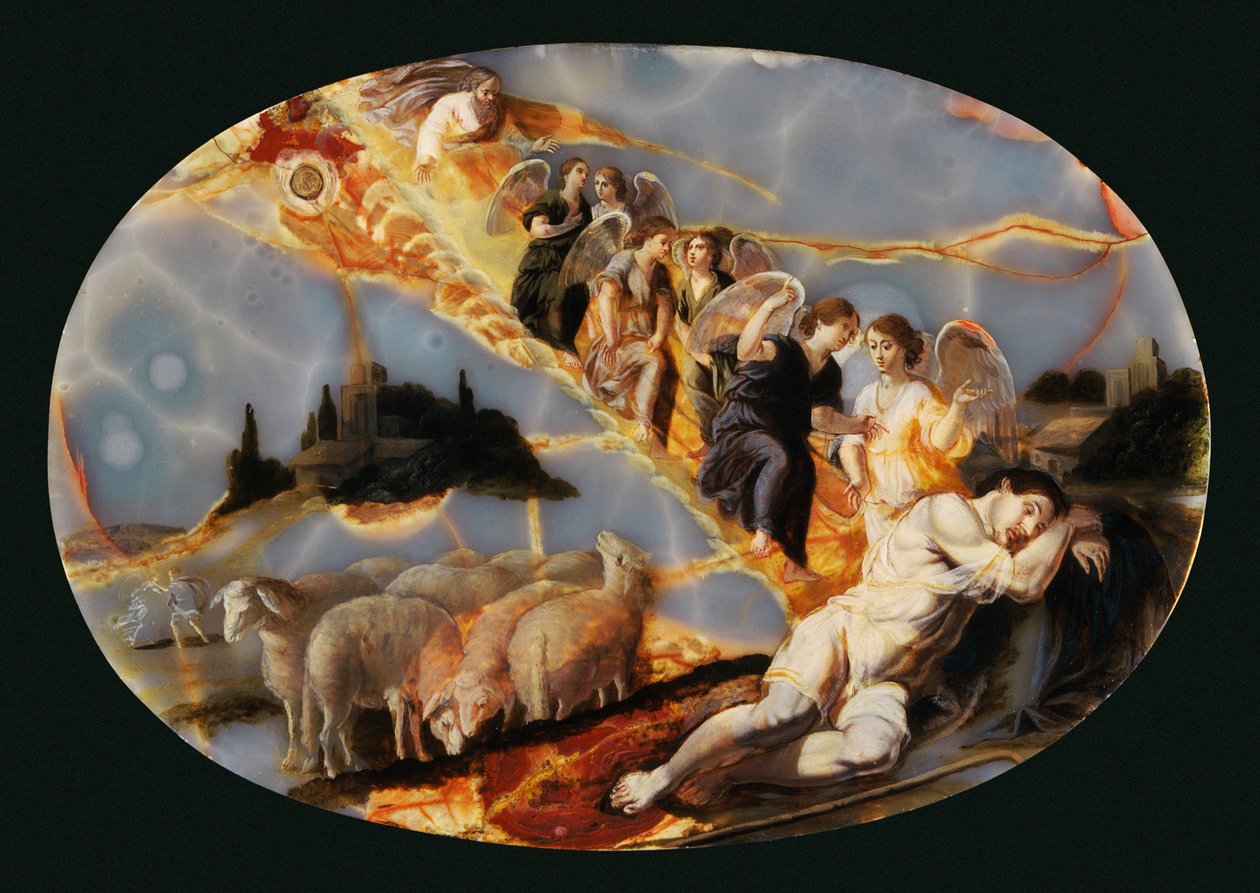 Jacobs merdiveni, c.1650 (oniks üzeri yağ) by Jacques Stella