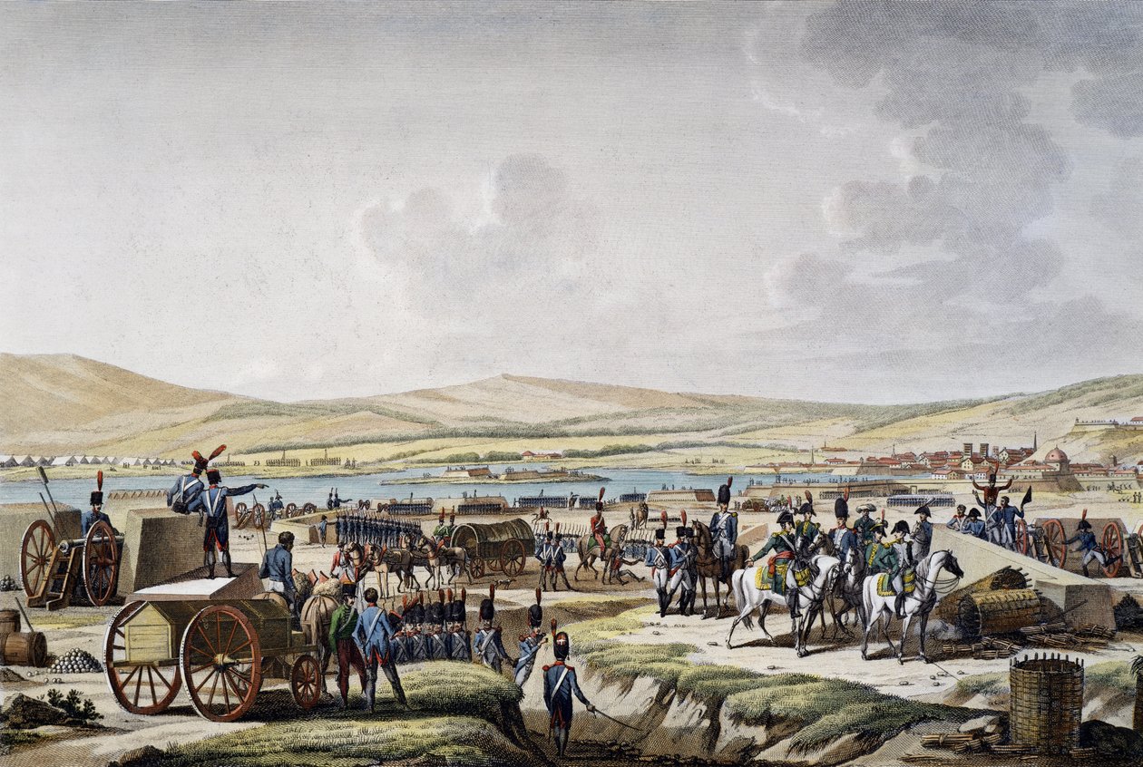 Mareşal Lefebvre liderliğindeki Danzig'deki kuşatmayı ziyaret eden Napolyon (9 Mayıs 1807), gravür, Francois Jacques Dequevauviller (1783-1848), çizim, Jacques Francois Joseph Swebach-Desfontaines (1769-1823) by Jacques Swebach Desfontaines
