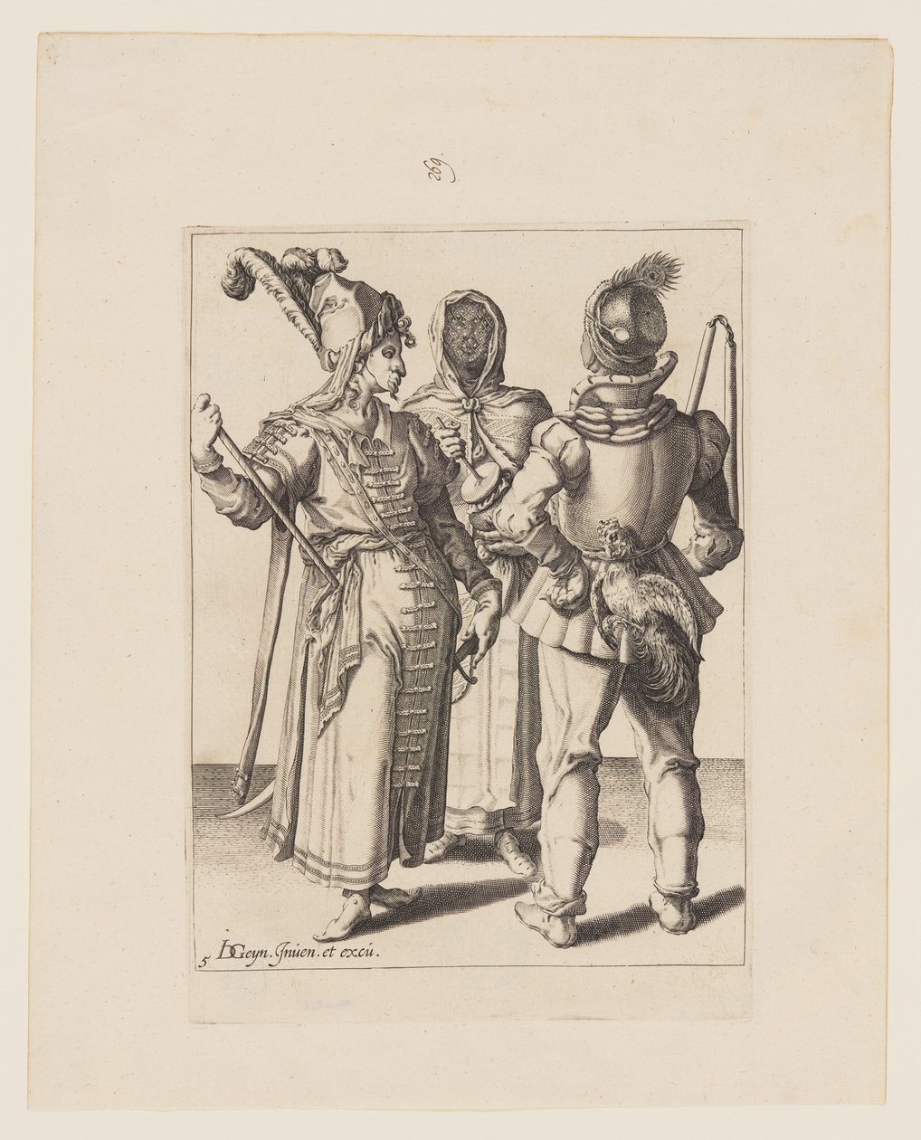 Doğu Giysileri İçinde Bir Grandee, Kemerine Horoz Takmış Bir Adam ve Gürleyen Tencere Çalan Peçeli Bir Kadın, Maskeli Balolardan by Jacques de Gheyn II