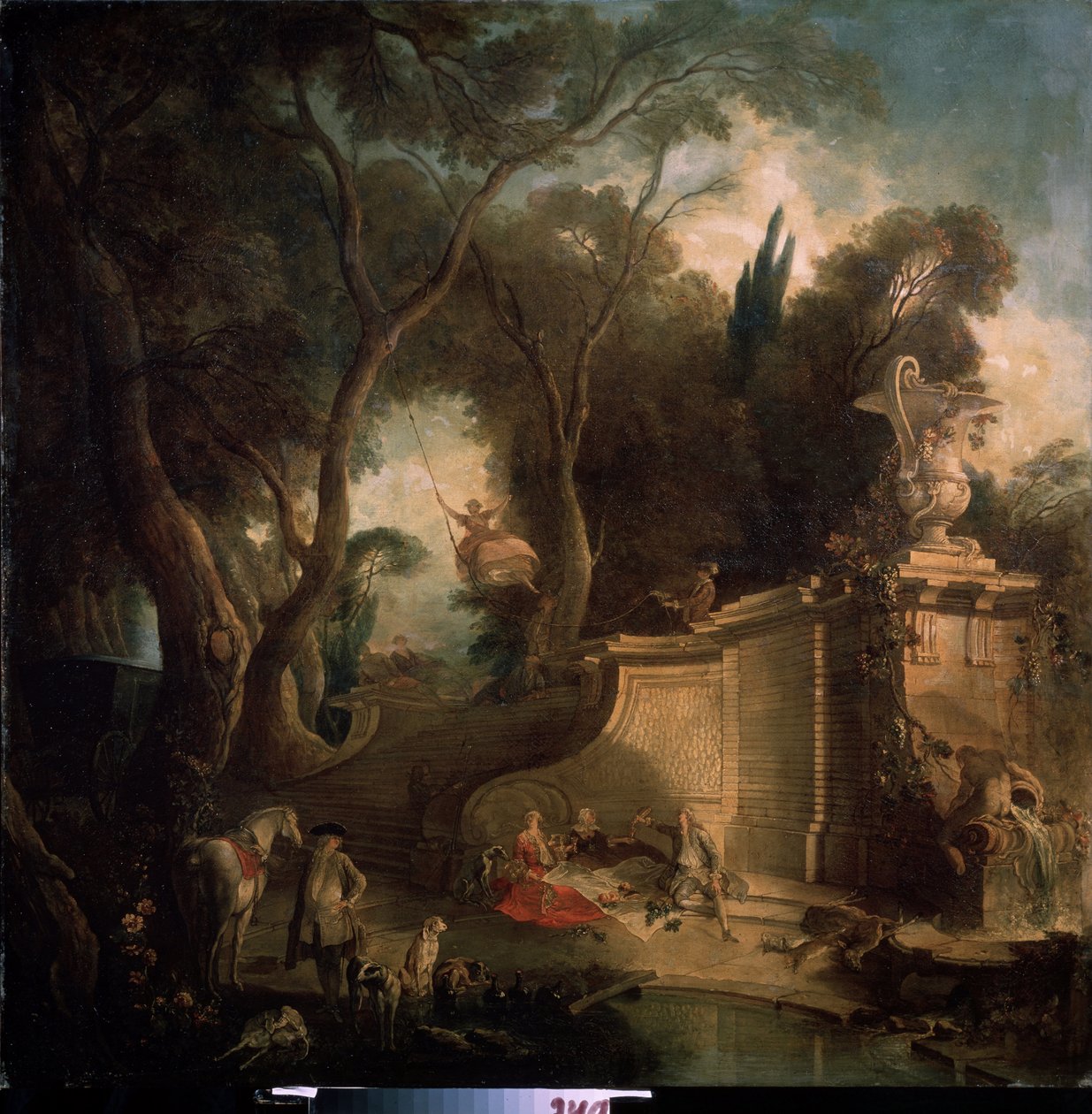 "Avdan Sonra Dinlenme" (Avdan Sonra Dinlenme) Av partisi sonrası soyluların zevkleri, salıncakta bir kadın, bir piknik sahnesi (piknik) kırsalı. Resim Jacques de Lajoue (1686-1761) 1730 Puşkin Müzesi, Moskova by Jacques de Lajoüe