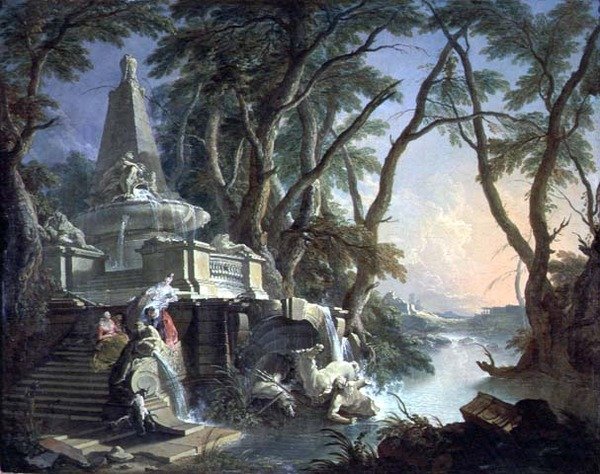 Kırık Bir Neptün Heykeli ile Piramit Çeşmesi veya Manzara: Nehir (tuval üzerine yağlı boya) by Jacques de Lajoüe