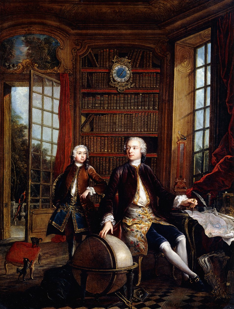 Sanatçının Oğlunun Öğretmeni ile Portresi, Sanatçı olduğu söylenen Genç Jean Baptiste de Courtonne, bir Kütüphanede, by Jacques de Lajoüe