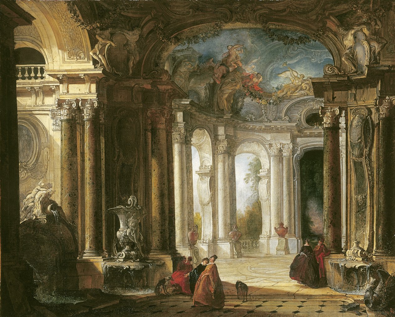 Zarif bir şirket ile çeşmelerin sohbet ettiği Barok bir sarayın içi by Jacques de Lajoüe