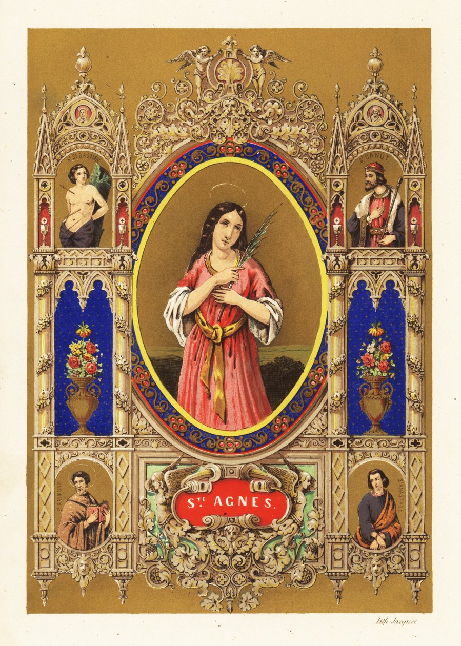 Dekoratif sınır içinde hale ve palmiye yaprağı ile Roma Aziz Agnes, bakire şehit, portresi by Jacquet Jacquet