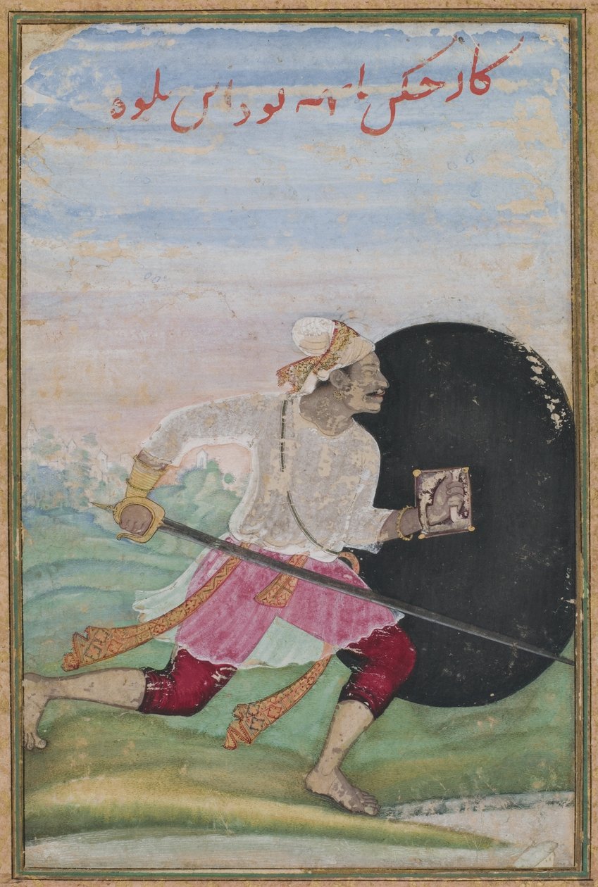 Koşan Kılıç Ustası, Babür hanedanı, c.1600 (opak wc, kağıt üzerinde altın ve mürekkep) by Jaganatha