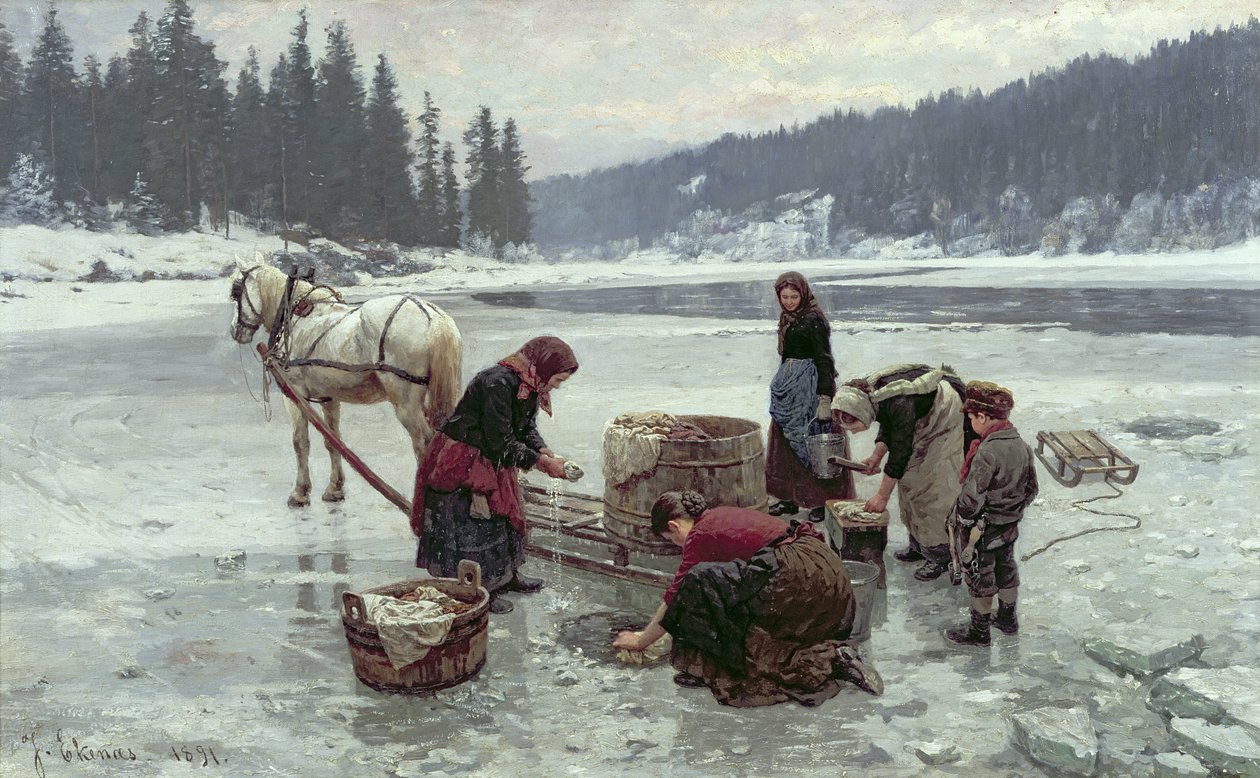 Buzda bir delikten çamaşır yıkayan kadınlar by Jahn Ekenaes
