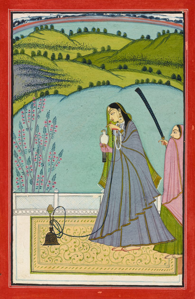 Nargile ve şahin ile terasta bir bayan, c.1760 (kağıt üzerinde opak suluboya ve altın) by Jaimal Har