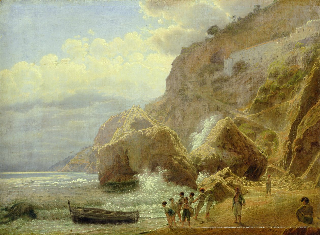 İtalyan Kıyı Manzarası, 1844 (tuval üzerine serilmiş kağıt üzerine yağlı boya) by Jakob Alt