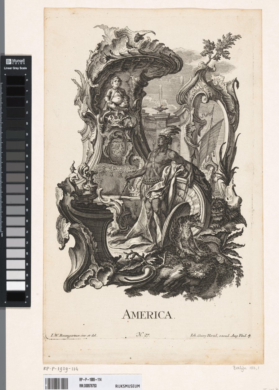 Amerika kıtasının kişileştirilmesiyle Rocaille Amerika (nesne üzerindeki başlık) Dört kıta (dizi adı) by Jakob Gottlieb Thelott