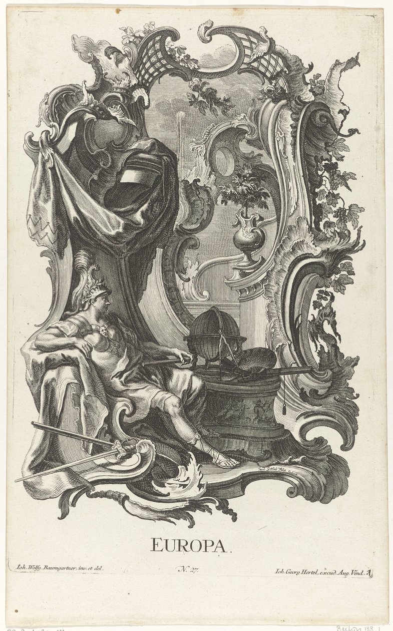 Avrupa kıtasının kişileştirilmesiyle Rocaille Avrupa (nesne üzerindeki başlık) Dört kıta (dizi adı) by Jakob Gottlieb Thelott