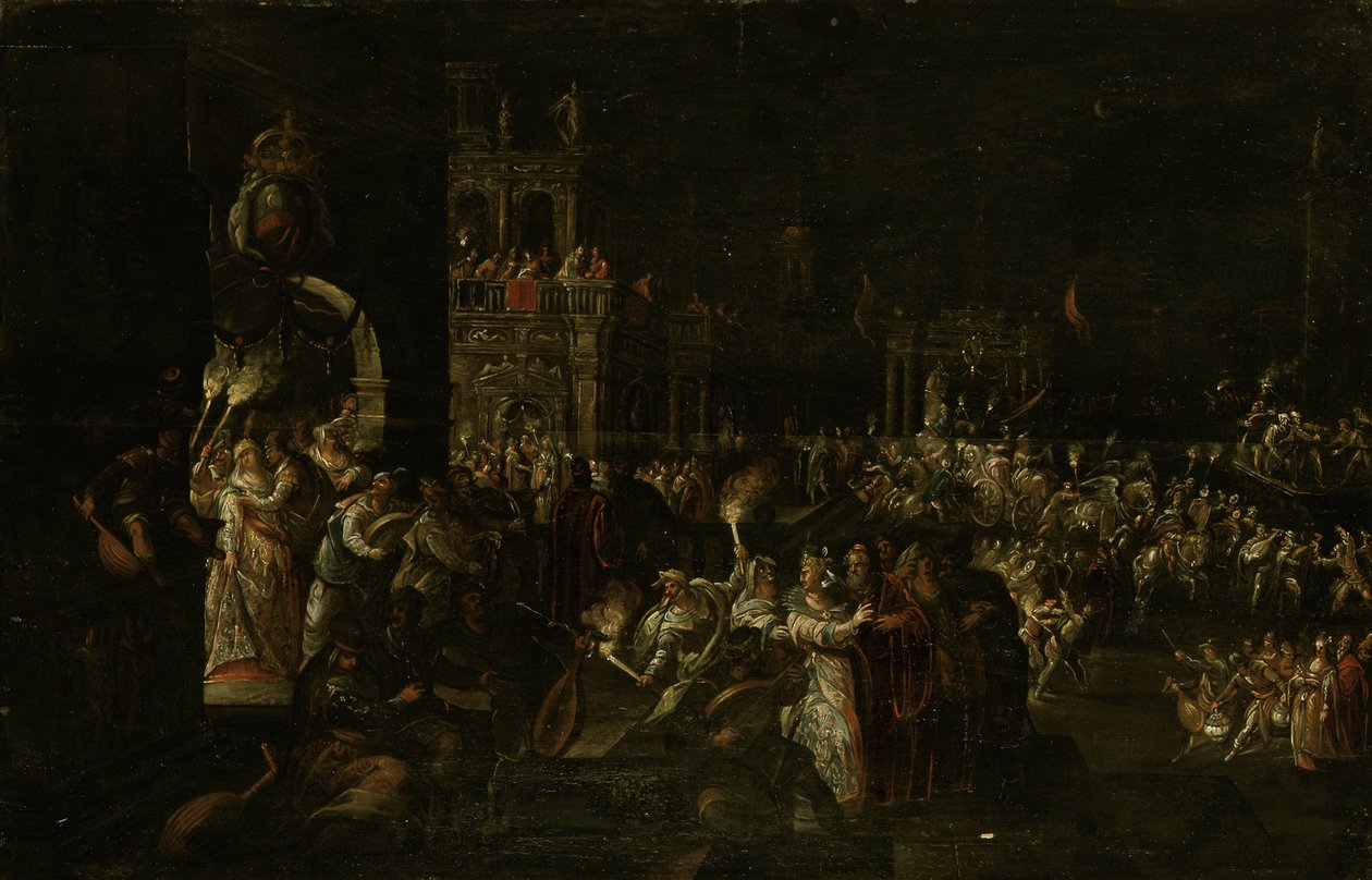 Barok bir meydanda bir karnaval gecesi by Jakob Isaaksz Swanenburgh