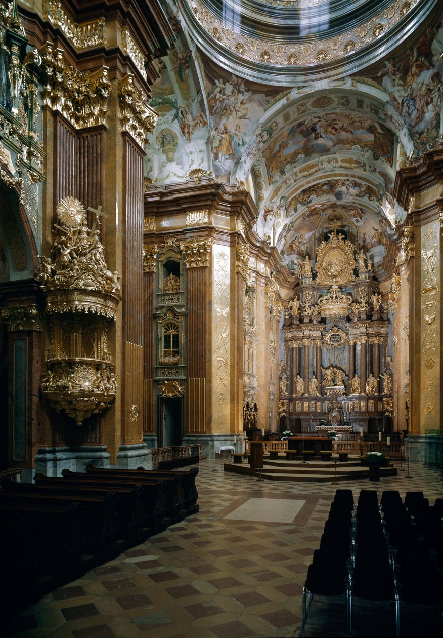 Mimar Jakob Prandtauer (1660-1726) tarafından tasarlanan Melk Benedictine Kilisesi'nin iç görünümü, Johann Michael Rottmayr (1656-1730) tarafından freskler. Melk, Avusturya by Jakob Prandtauer