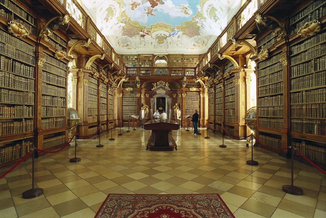 Jakob Prandtauer (1660-1726) tarafından bir projede gerçekleştirilen Melk Manastırı kütüphanesinin görünümü. 18. yüzyılın başlarında. Avusturya by Jakob Prandtauer