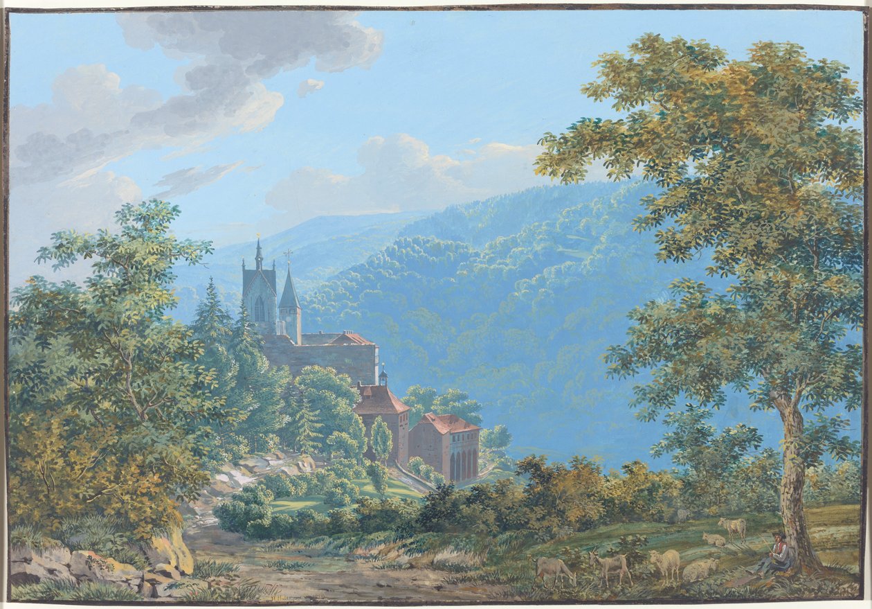 Gün Doğumunda Dağ Manzarasında Bir Kale by Jakob Wilhelm Huber