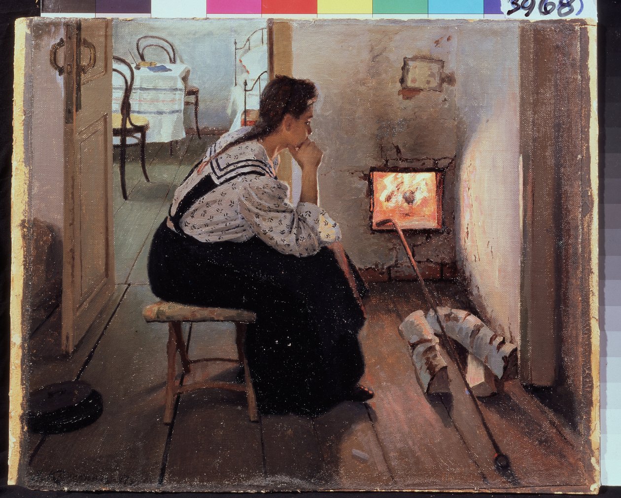""Düşünceler Ocakta"" (Düşünceler Ocakta) Ateşin önünde dalgın bir şekilde oturan genç bir kadın. Jakov Kalinichenko'nun resmi (1869-1938) 1897 Eyalet Bölge I. Pozhalostin Sanat Müzesi, Ryasan by Jakoff Jakovlevitch Kalinitchenko
