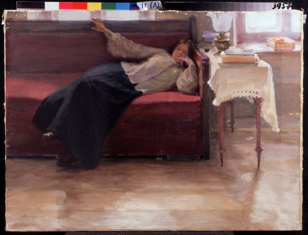 Bir kanepede yatan dalgın genç kız ""Dreams"". Jakov Kalinichenko'nun tablosu (1869-1938) 1904 Bölge I. Pozhalostin Sanat Müzesi, Ryasan by Jakoff Jakovlevitch Kalinitchenko