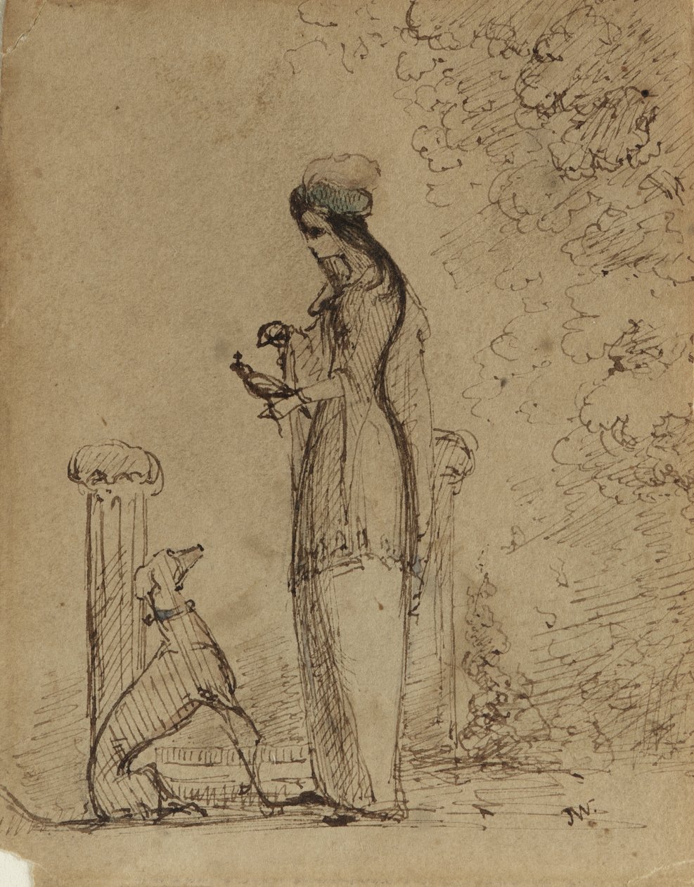 Köpekli ve Kuşlu Bir Kadın, c.1850-51 (açık kahverengi kağıda kalem ve mürekkep) by James Abbott McNeill Whistler
