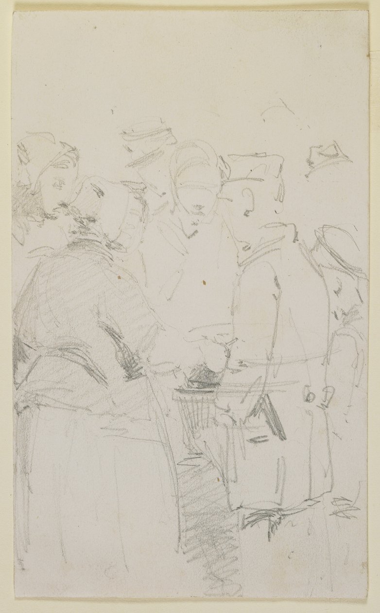 Bir mangalın etrafındaki bir grup figür, 1858 (kirli beyaz dokuma kağıda kurşun kalem) by James Abbott McNeill Whistler