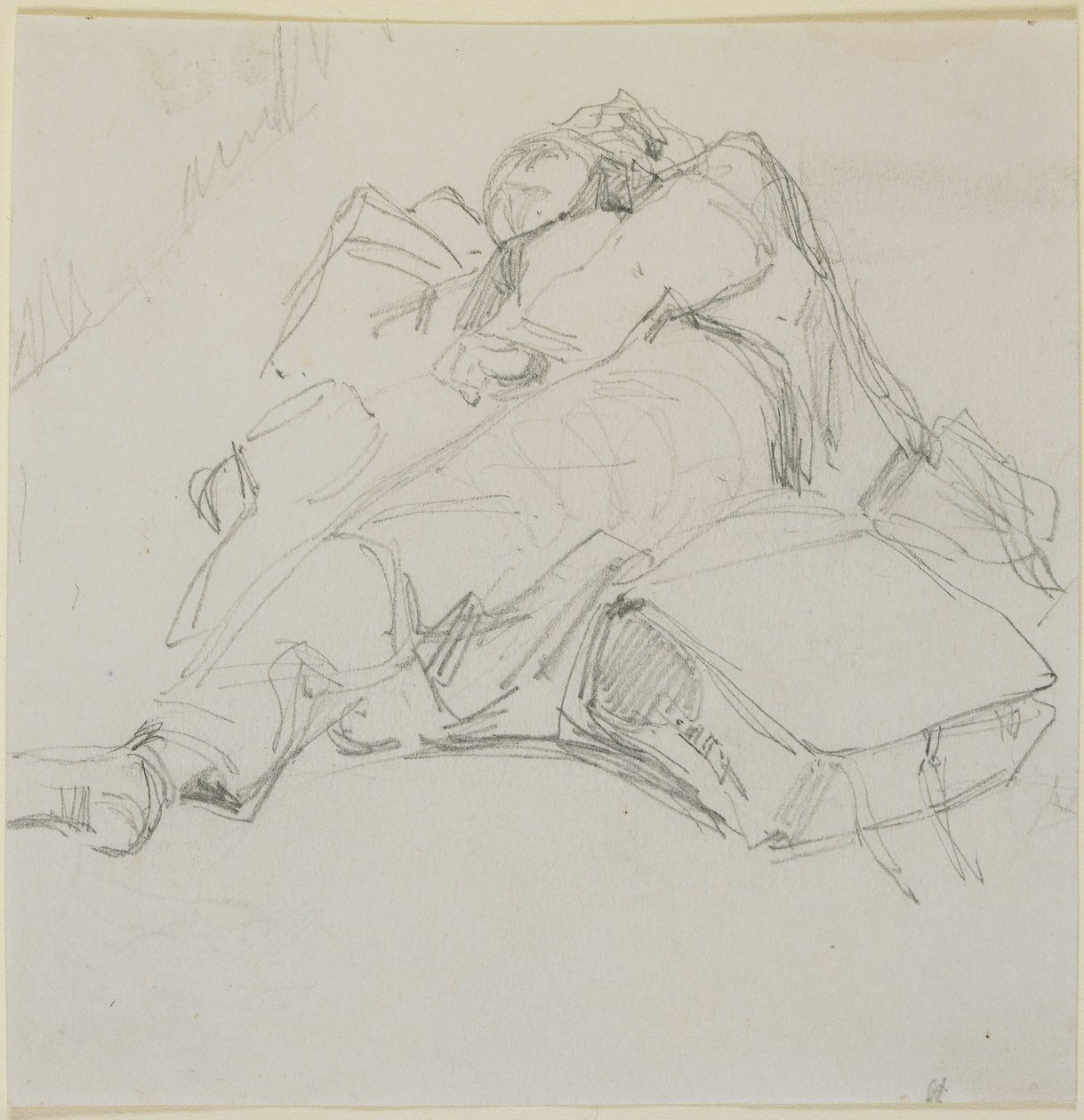 Bir bavul yığını üzerinde uyuyan bir adam, 1858 (kirli beyaz dokuma kağıt üzerine kalem) by James Abbott McNeill Whistler