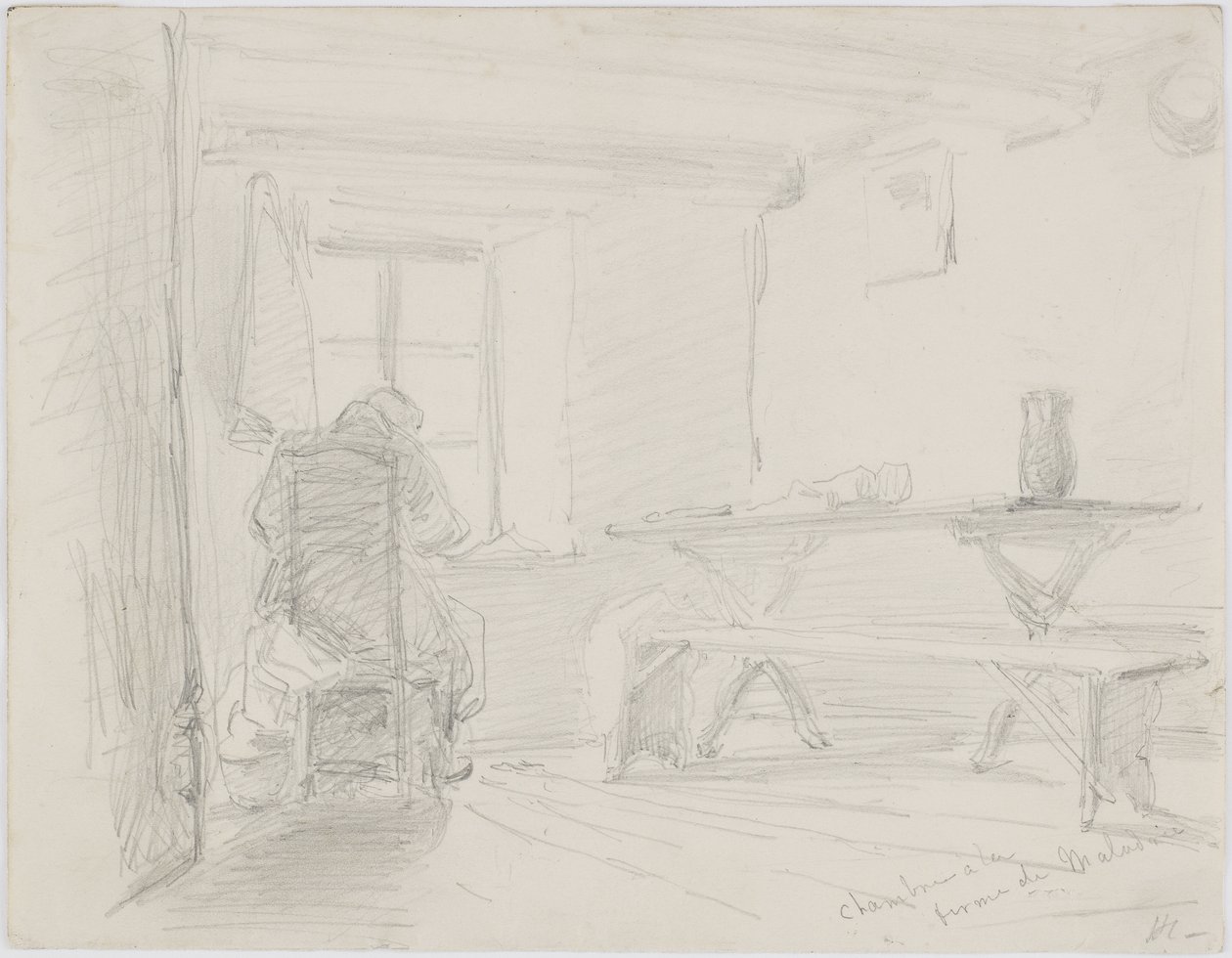 Chambre la Ferme de Maladrie, c.1861 (beyaz kağıt üzerine kurşun kalem); by James Abbott McNeill Whistler