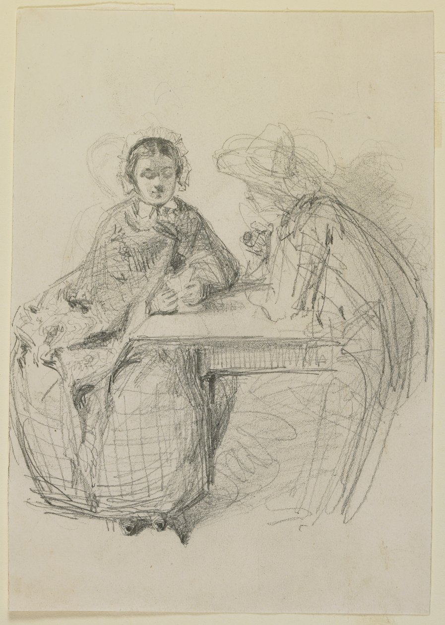 Bir masada oturan çift, 1858 (kirli beyaz dokuma kağıda kurşun kalem) by James Abbott McNeill Whistler