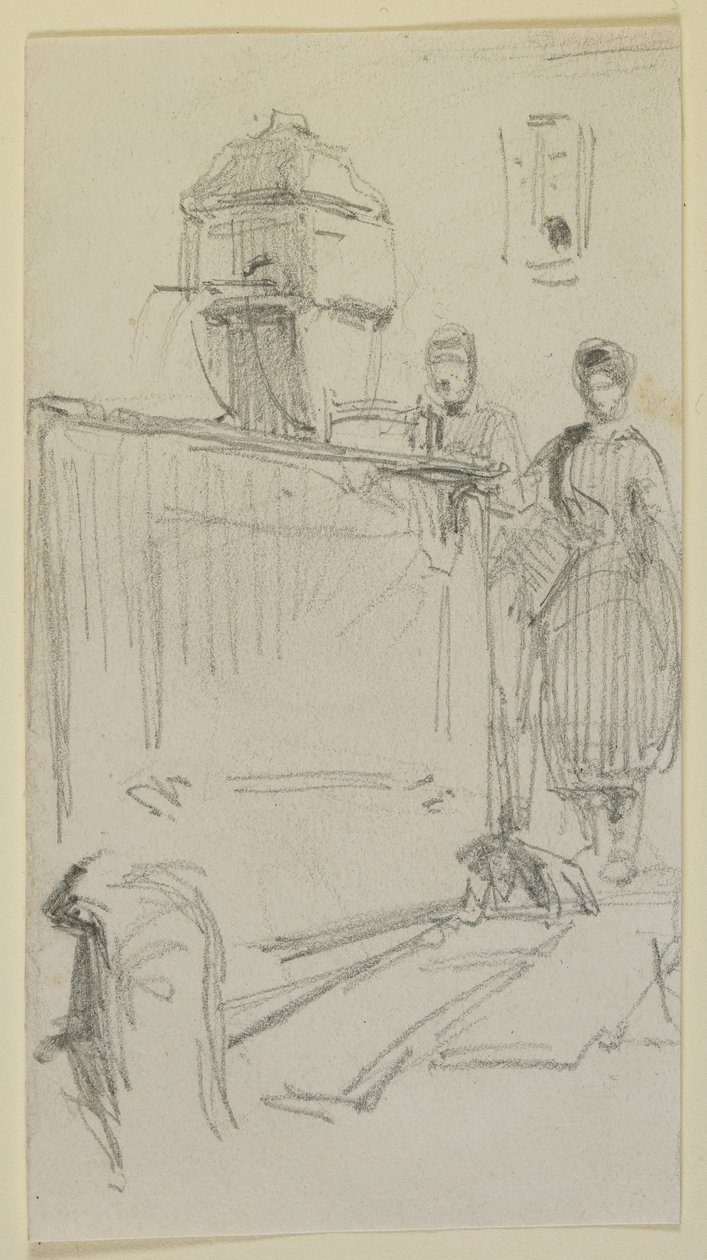 Bir çeşme ile rakamlar, 1858 (kirli beyaz dokuma kağıt üzerine kurşun kalem) by James Abbott McNeill Whistler