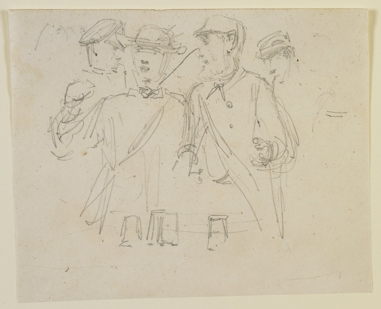 Dört kişilik grup, 1858 (kirli beyaz dokuma kağıt üzerine kalem) by James Abbott McNeill Whistler