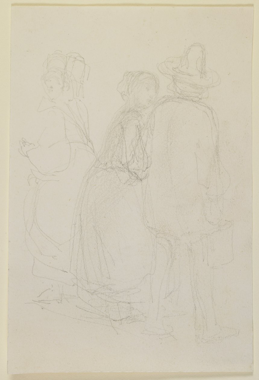 Üç ayakta figürden oluşan grup, 1858 (kirli beyaz dokuma kağıt üzerine kurşun kalem) by James Abbott McNeill Whistler