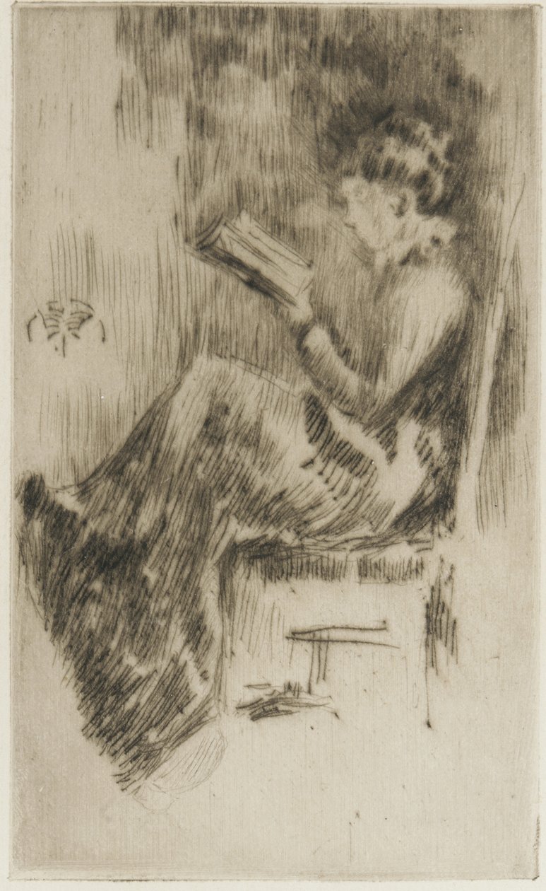 Kitap Okumak (muhtemelen Lizzie Dawson) c.1873 (kağıt üzerinde kuru nokta) by James Abbott McNeill Whistler