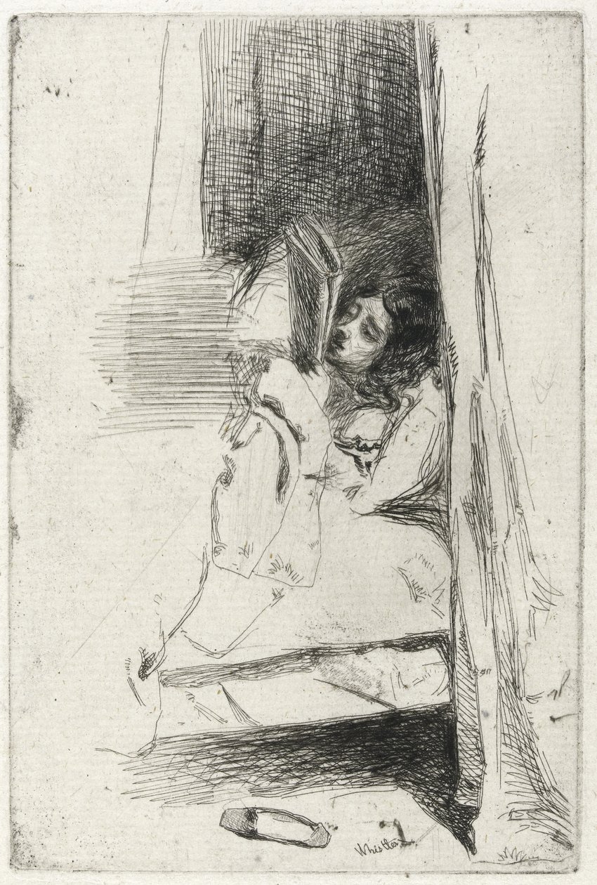 Yatakta Okuma (Terlik) 1858 (Antika serilmiş kağıt üzerine siyah karbon mürekkep) by James Abbott McNeill Whistler