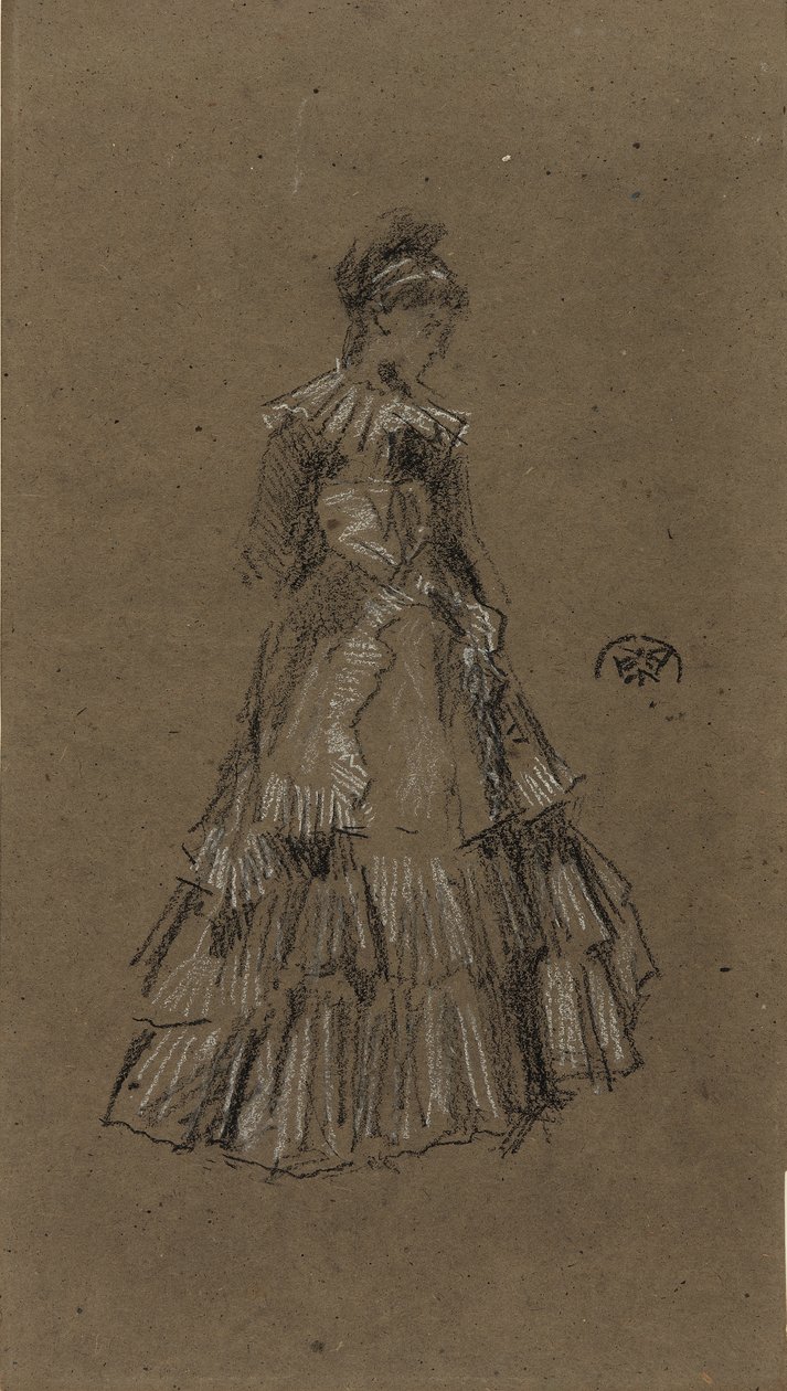 ಫ್ಲೌನ್ಸ್ಡ್ ಡ್ರೆಸ್‌ನಲ್ಲಿ ನಿಂತಿರುವ ಮಹಿಳೆ, c.1873-75 (ಕಂದು ಬಣ್ಣದ ಕಾಗದದ ಮೇಲೆ ಕಪ್ಪು ಮತ್ತು ಬಿಳಿ ಸೀಮೆಸುಣ್ಣ) ಟರ್ಕಿ by James Abbott McNeill Whistler