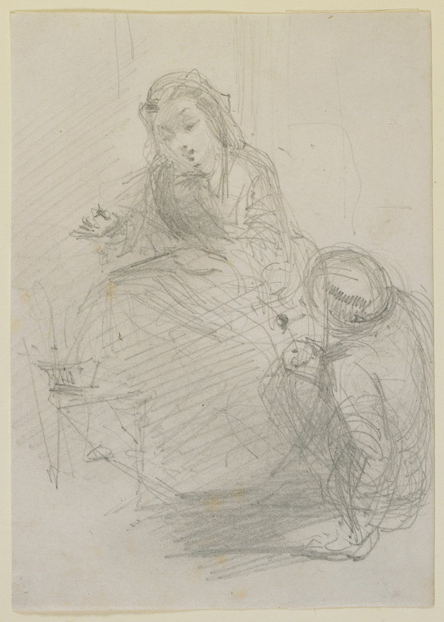 İki Figür: oturan bir kız ve onun solunda yerde yatan bir adam, 1855-59 dolayları (kirli beyaz kağıda kurşun kalem) by James Abbott McNeill Whistler