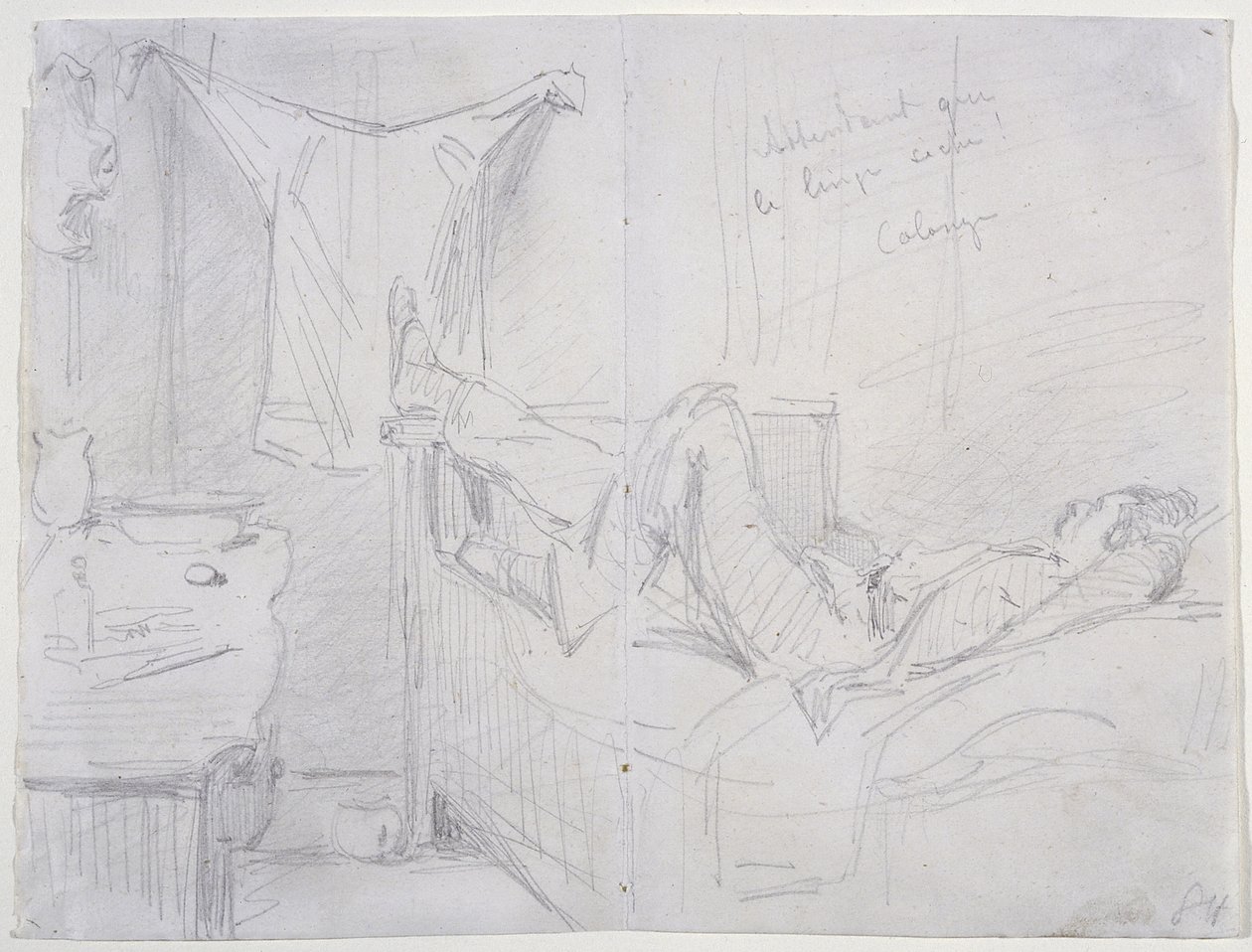 Giysilerin kurumasını beklemek, Köln, 1858 (kirli beyaz dokuma kağıda kurşun kalem) by James Abbott McNeill Whistler
