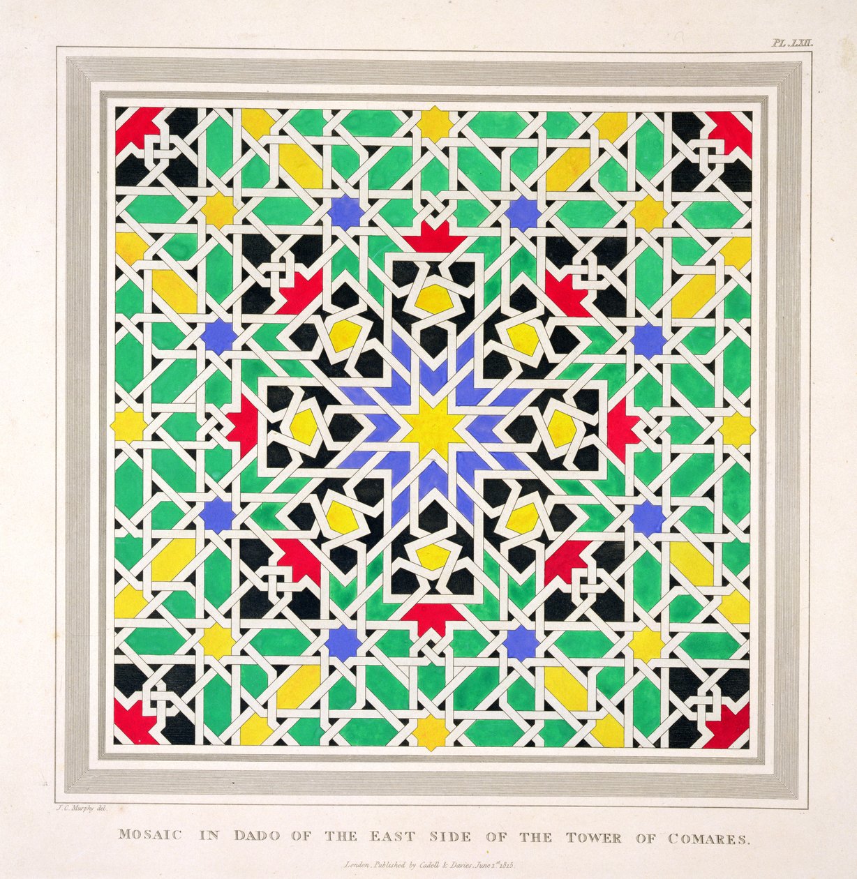Comares Kulesi'nin doğu tarafındaki dado'daki mozaik, Alhambra, 'İspanya'nın Arap Eski Eserleri'nden, 1815 yayınlandı by James Cavanagh Murphy