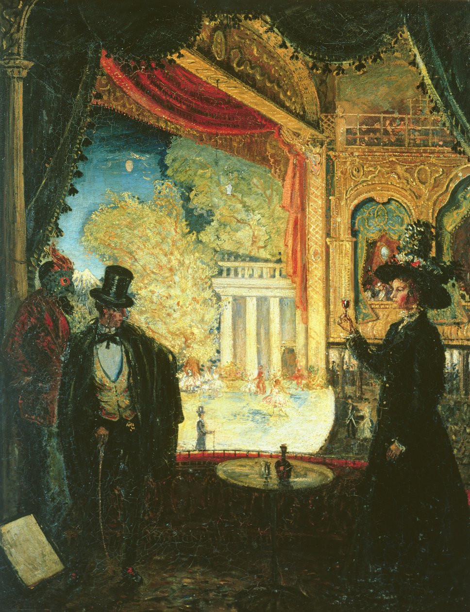Tiyatroda Bir Sahne: Üç Figürün Ayakta Olduğu Bir Kutudan Görülen Bir Performans, 1908 by James Dickson Innes
