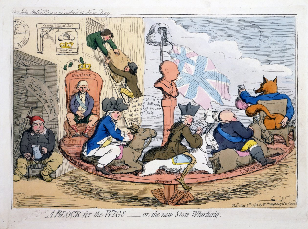 Peruklar için Bir Blok veya The New State Whirligig, pub. 1783 (el renginde gravür) by James Gillray