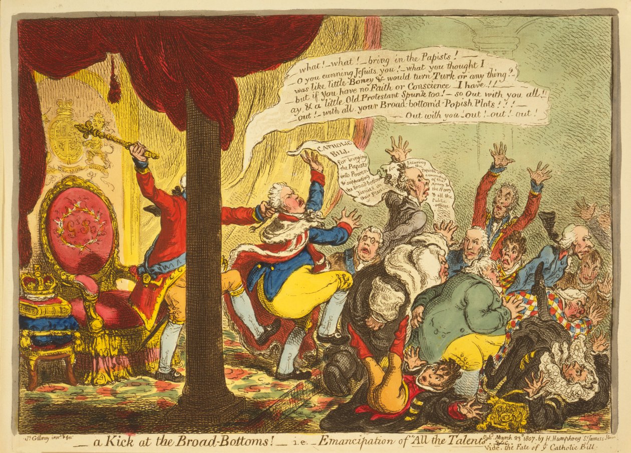 Geniş Diplerde Bir Tekme, yani Tüm Yeteneklerin Kurtuluşu, pub. 1807 (el renkli gravür) by James Gillray