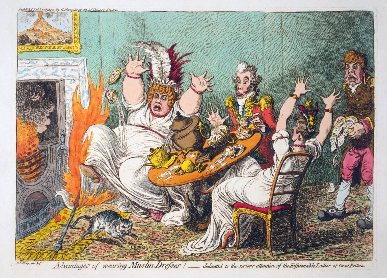 Müslin Elbise giymenin avantajları! Büyük Britanya'nın modaya uygun hanımlarının ciddi ilgisine adanmış pub. 1802 (el renkli gravür) by James Gillray