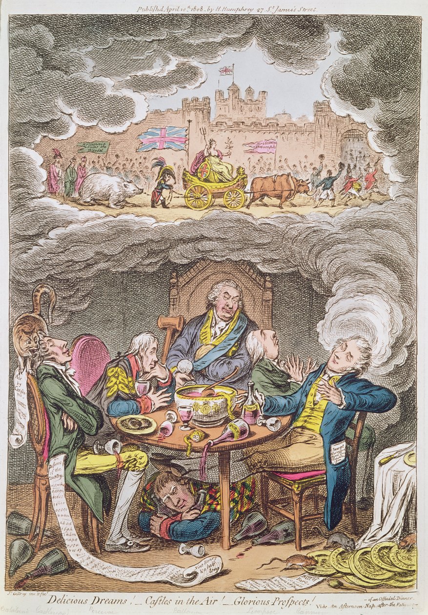 Delicious Dreams! Castles in the Air! Glorious Prospects! vide An Afternoon Nap after the Fatigue of an Official Dinner, cartoon depicting Lord Portland and his ministers, 1808  by James Gillray
