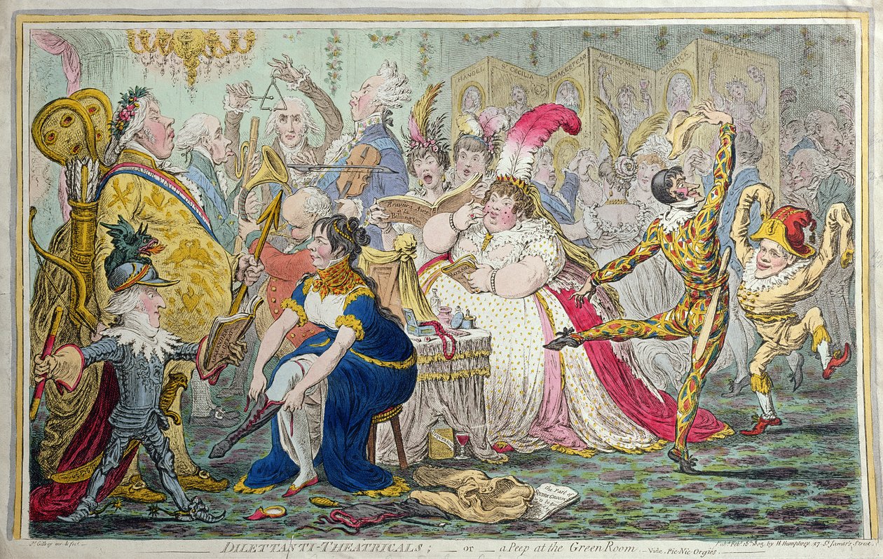 Dilettanti Theatricals veya A Peep at the Green Room, Hannah Humphrey tarafından 1803'te yayınlandı (el boyaması gravür) by James Gillray