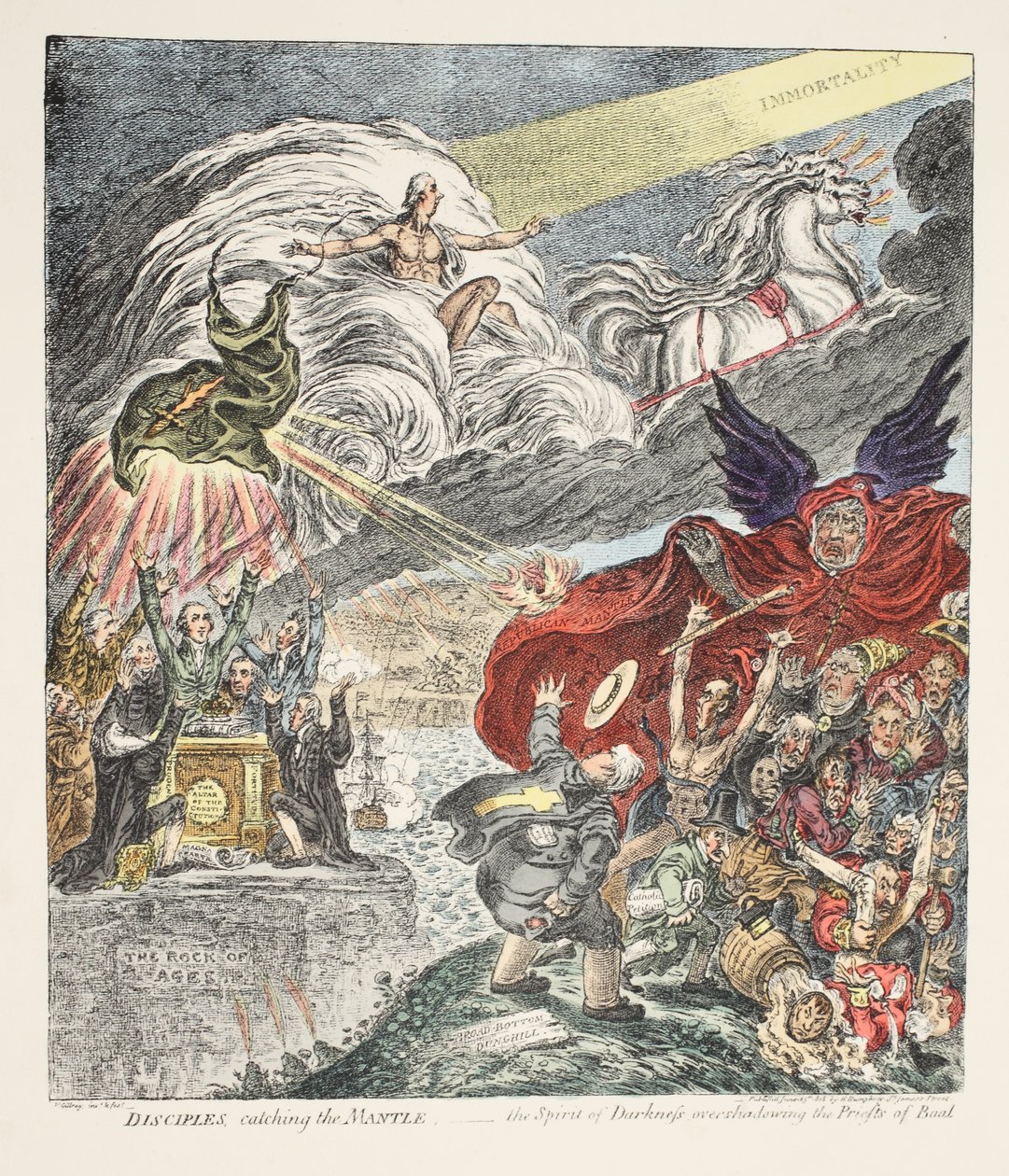 Mantoyu yakalayan öğrenciler - Baal Rahiplerini gölgede bırakan Karanlığın Ruhu, pub. 1808 (el renginde dağlama) by James Gillray