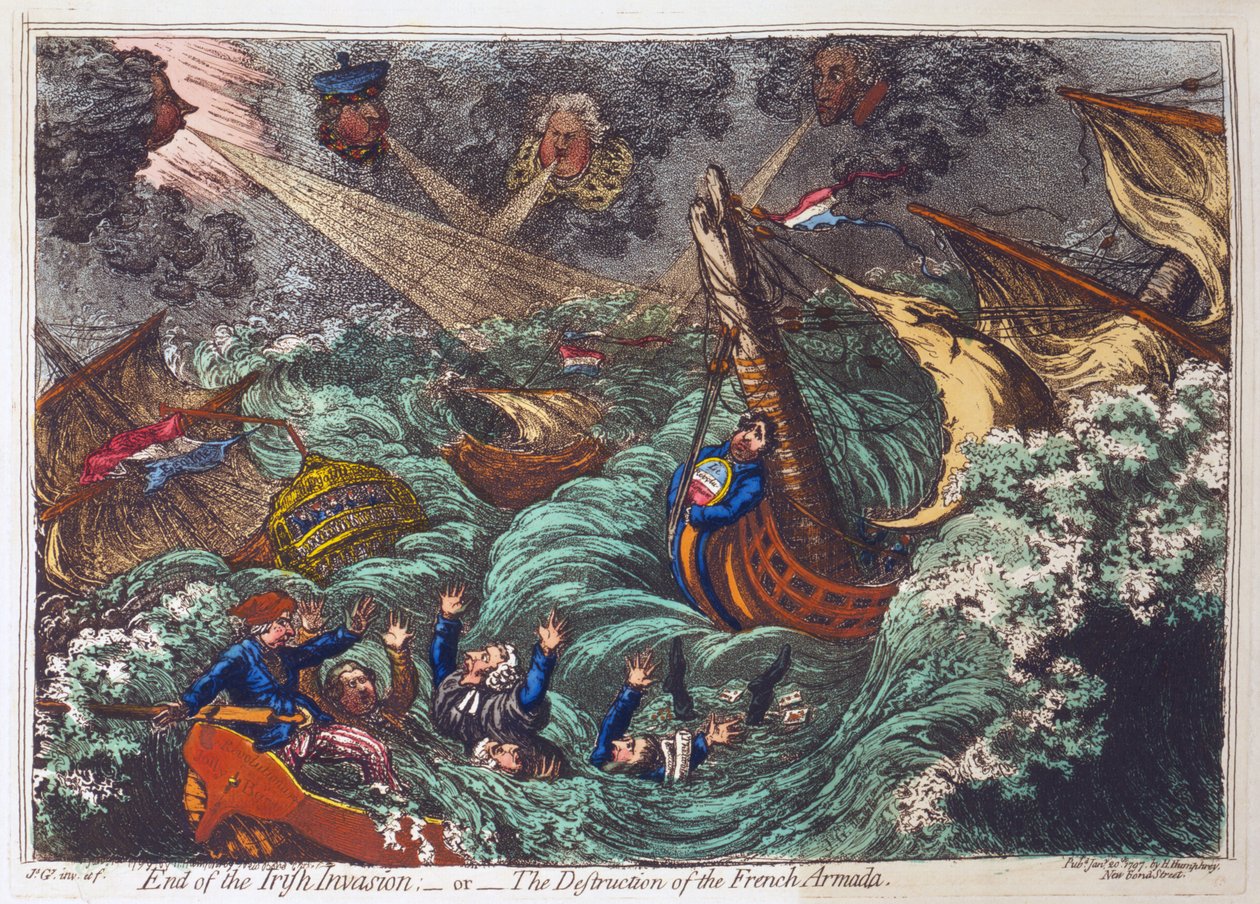 İrlanda İstilasının Sonu veya Fransız Armadasının Yıkılışı, pub. Hannah Humphrey, 20 Ocak 1797 (el renkli gravür) by James Gillray