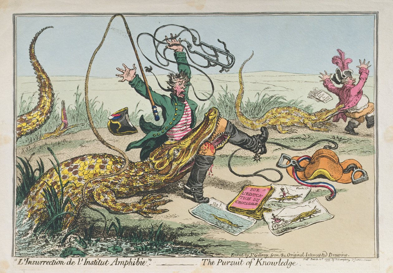 1799'da Hannah Humphrey tarafından yayınlanan 'L'Insurrection de l'Institut Amphibie' veya The Pursuit of Knowledge, (el boyaması gravür) by James Gillray