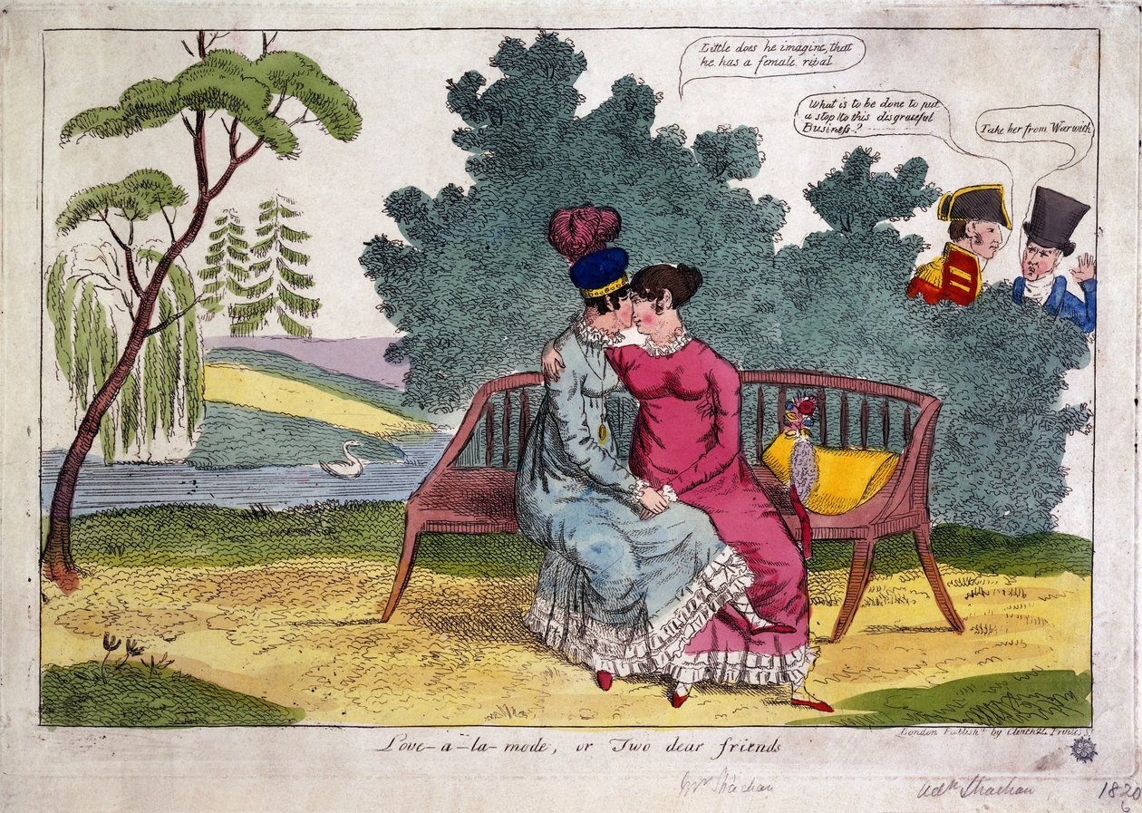 Leydi Strachan ve Leydi Warwick bir parkta sevişirken, kocaları onaylamaz bir tavırla bakıyorlar by James Gillray
