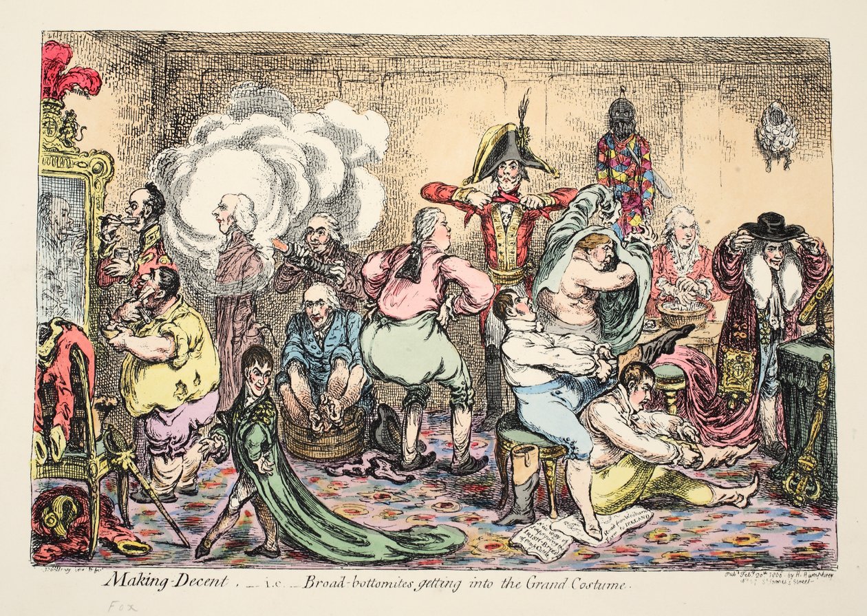 İyi Yapmak, yani Geniş Dipçiklerin Büyük Kostüme girmesi, pub. 1806 (el renkli gravür) by James Gillray